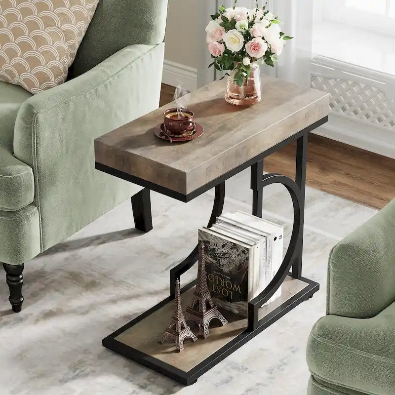 Modern White Marble-Look Gold Frame Narrow Side Table with Shelf