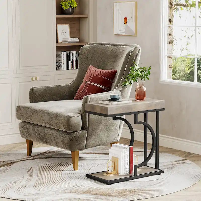 Modern White Marble-Look Gold Frame Narrow Side Table with Shelf