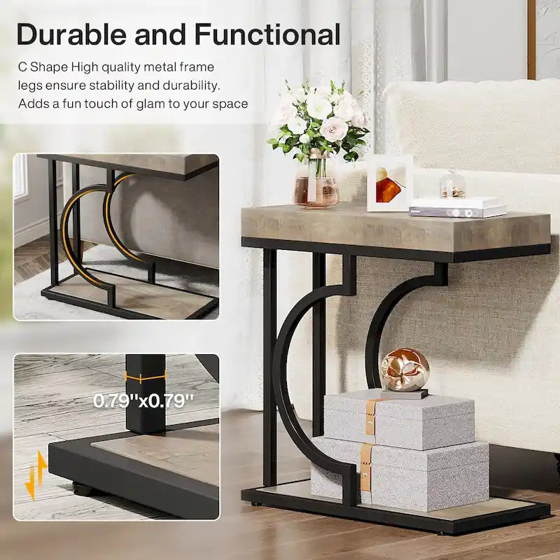 Modern White Marble-Look Gold Frame Narrow Side Table with Shelf