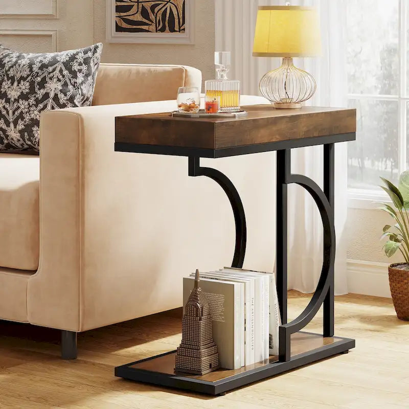 Modern White Marble-Look Gold Frame Narrow Side Table with Shelf