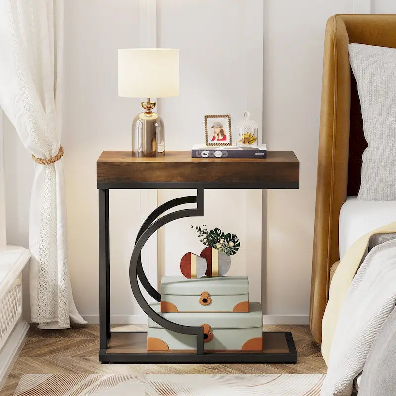 Modern White Marble-Look Gold Frame Narrow Side Table with Shelf