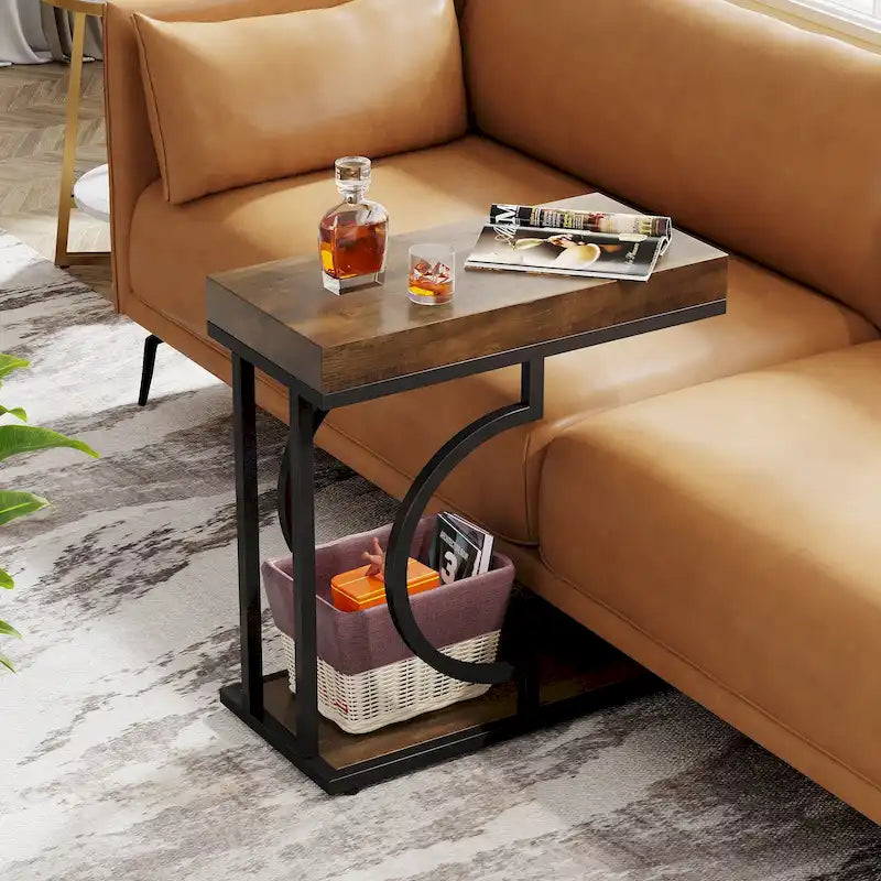 Modern White Marble-Look Gold Frame Narrow Side Table with Shelf