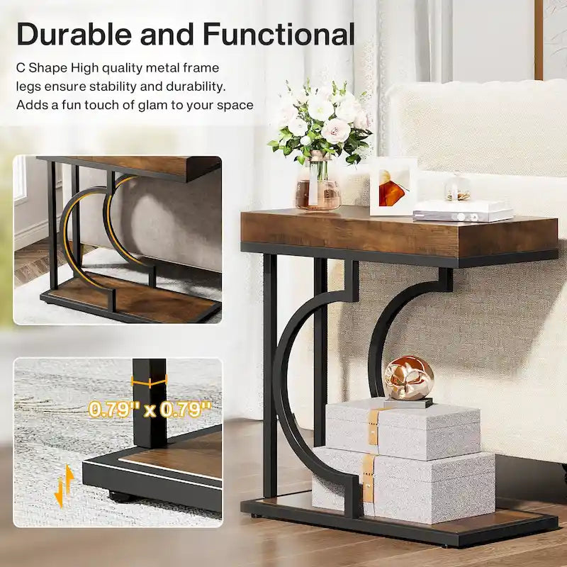 Modern White Marble-Look Gold Frame Narrow Side Table with Shelf