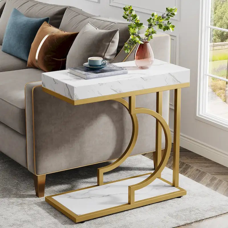 Modern White Marble-Look Gold Frame Narrow Side Table with Shelf