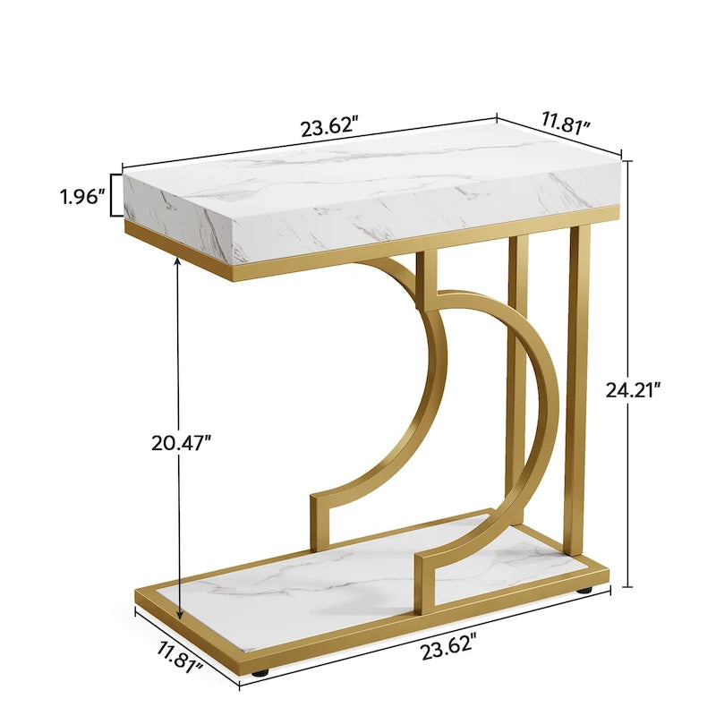 Modern White Marble-Look Gold Frame Narrow Side Table with Shelf