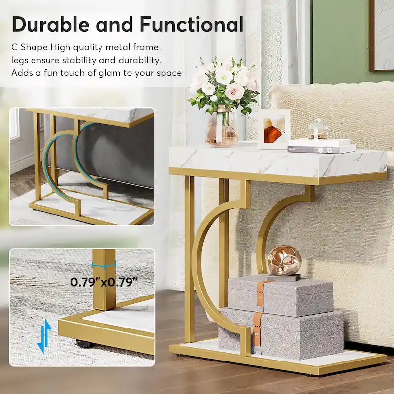 Modern White Marble-Look Gold Frame Narrow Side Table with Shelf