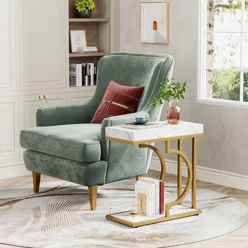 Modern White Marble-Look Gold Frame Narrow Side Table with Shelf