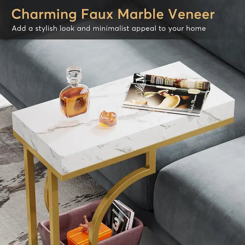 Modern White Marble-Look Gold Frame Narrow Side Table with Shelf