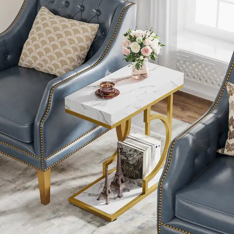 Modern White Marble-Look Gold Frame Narrow Side Table with Shelf