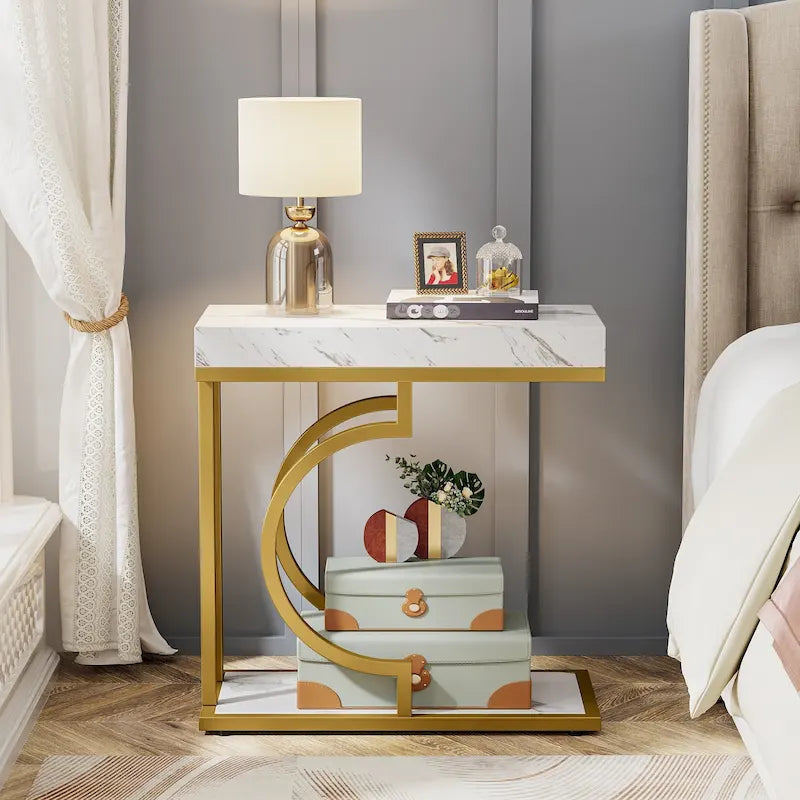 Modern White Marble-Look Gold Frame Narrow Side Table with Shelf