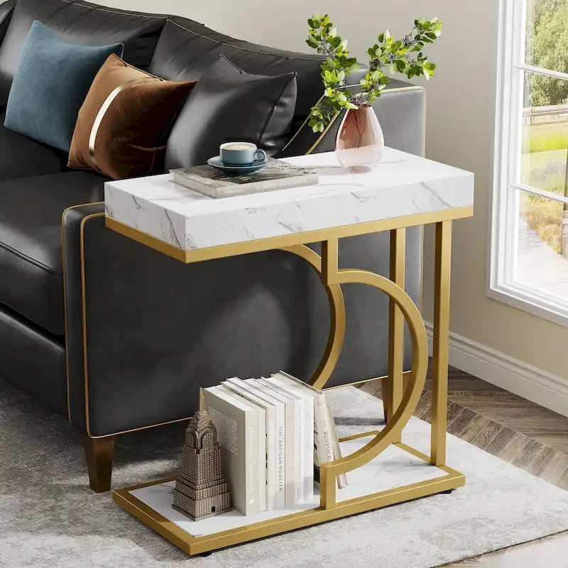 Modern White Marble-Look Gold Frame Narrow Side Table with Shelf