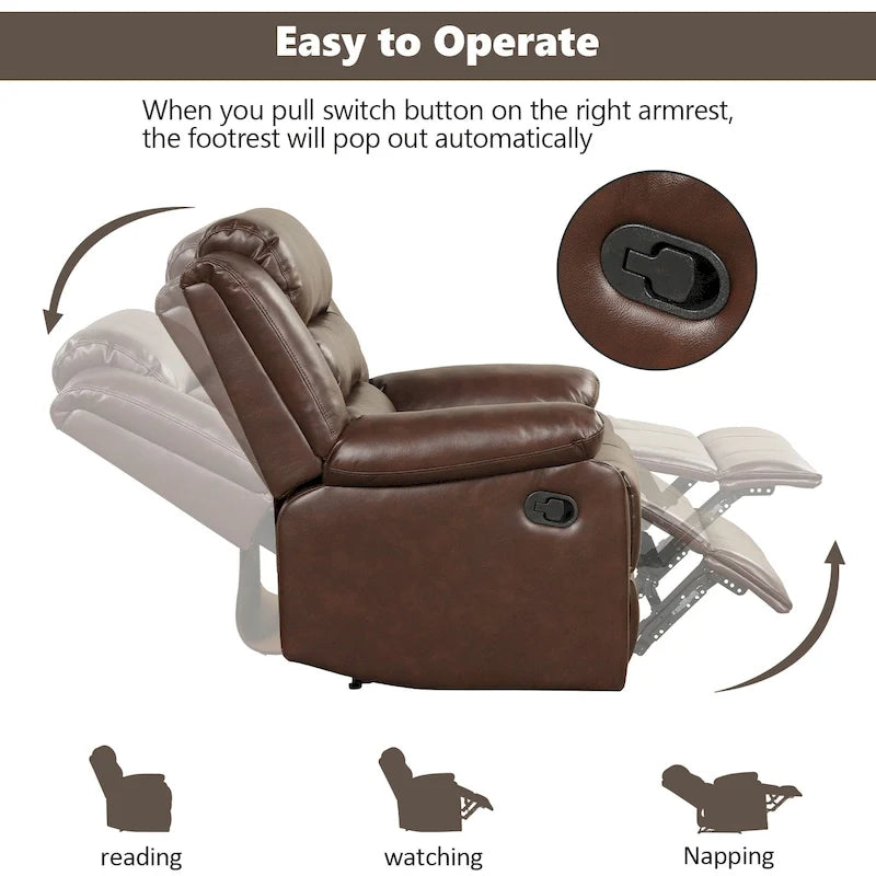 Fauteuil inclinable manuel en similicuir PU respirant avec accoudoirs et dossier rembourrés