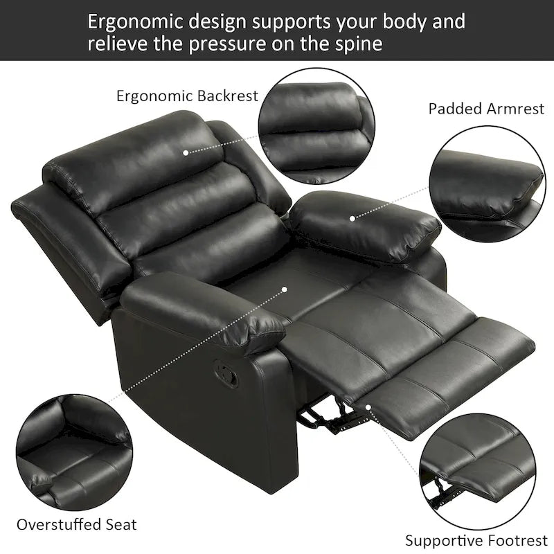 Fauteuil inclinable manuel en similicuir PU respirant avec accoudoirs et dossier rembourrés