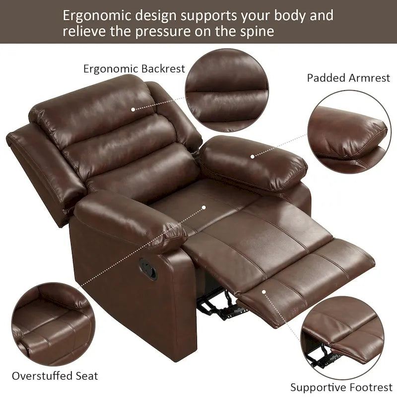 Fauteuil inclinable manuel en similicuir PU respirant avec accoudoirs et dossier rembourrés