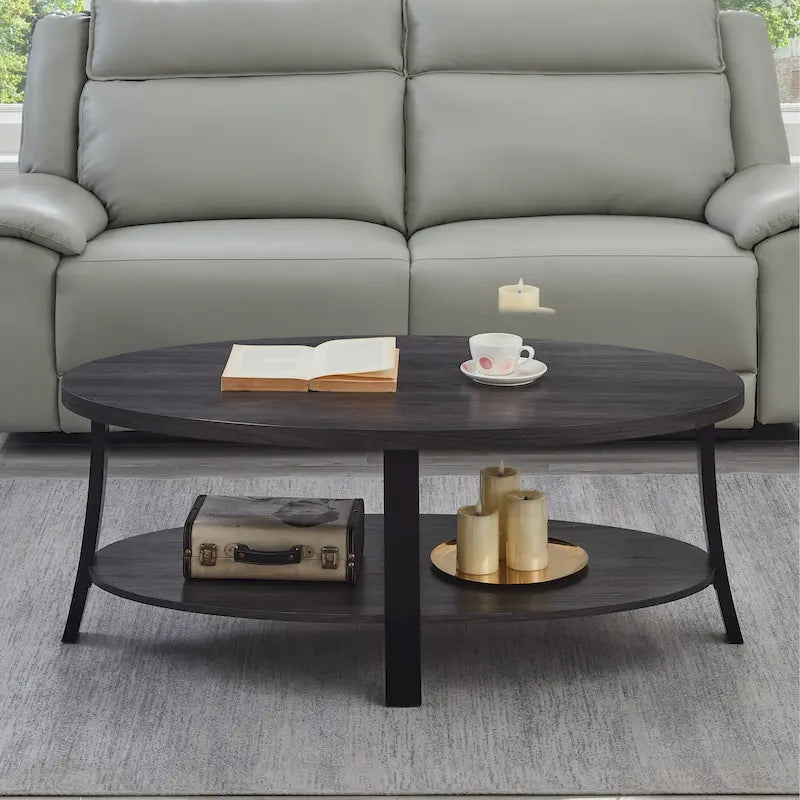 Modern-style oval wooden tiered coffee table