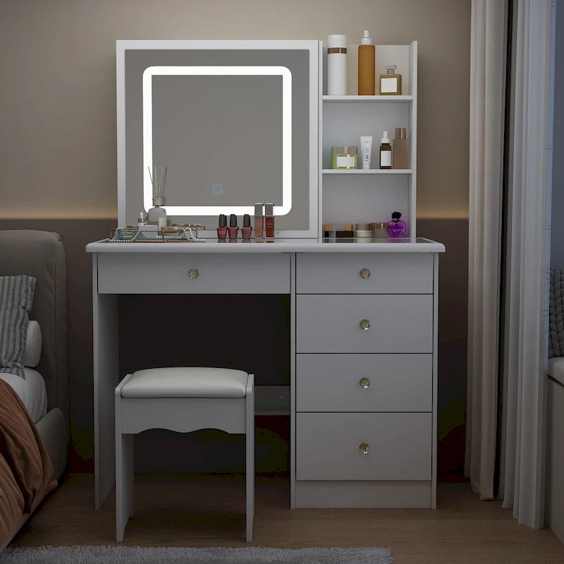 Elegant Makeup Vanity Crystal Accent Lighting Mirror Glass Top Dresser