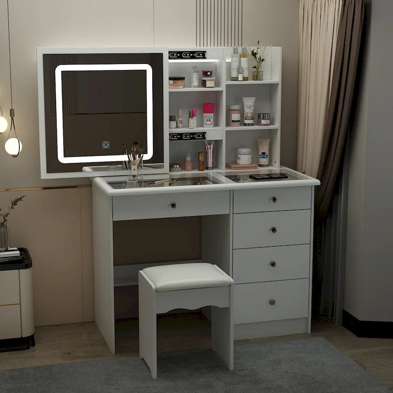 Toeletta bianca con specchio LED scorrevole e piano in vetro
