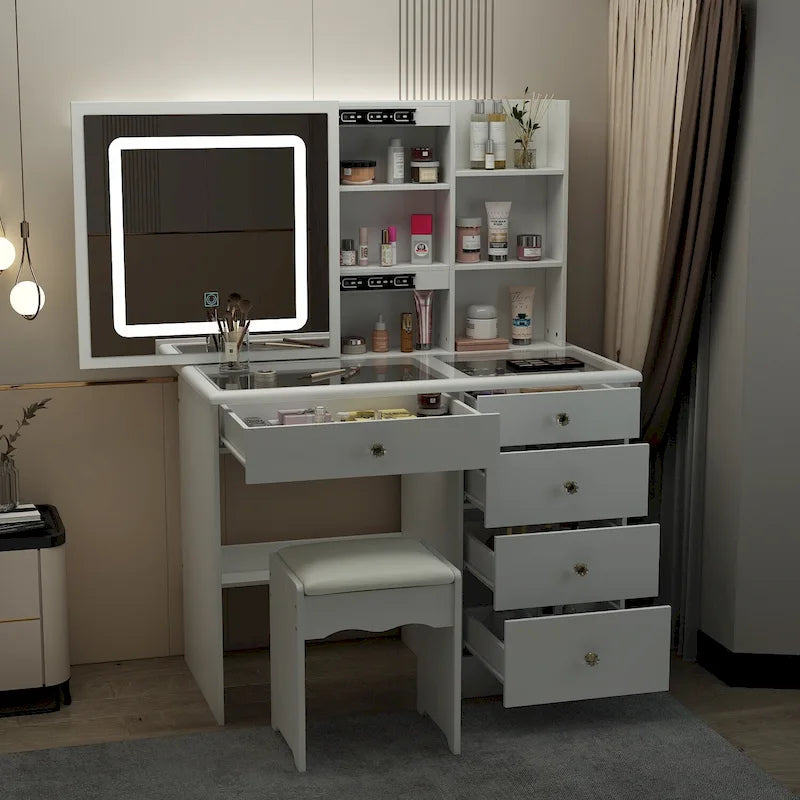 Toeletta bianca con specchio LED scorrevole e piano in vetro