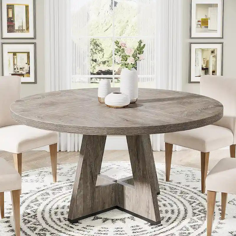 Modern Round Wood Dining Table with Sculptural Base for Four