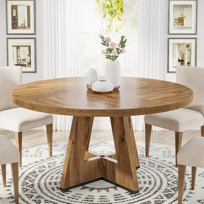 Modern Round Wood Dining Table with Sculptural Base for Four