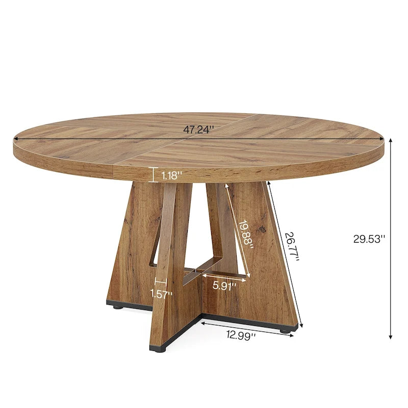 Modern Round Wood Dining Table with Sculptural Base for Four