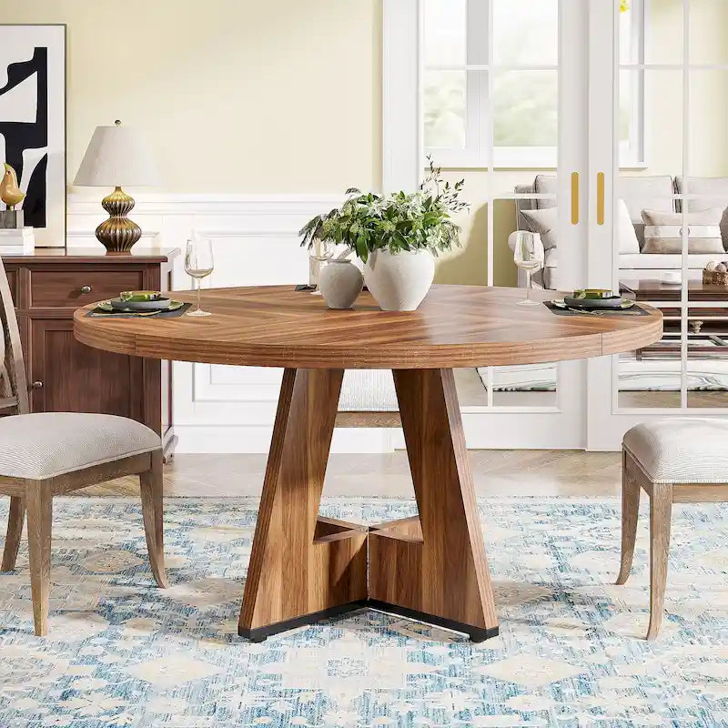 Modern Round Wood Dining Table with Sculptural Base for Four