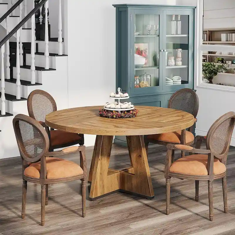 Modern Round Wood Dining Table with Sculptural Base for Four
