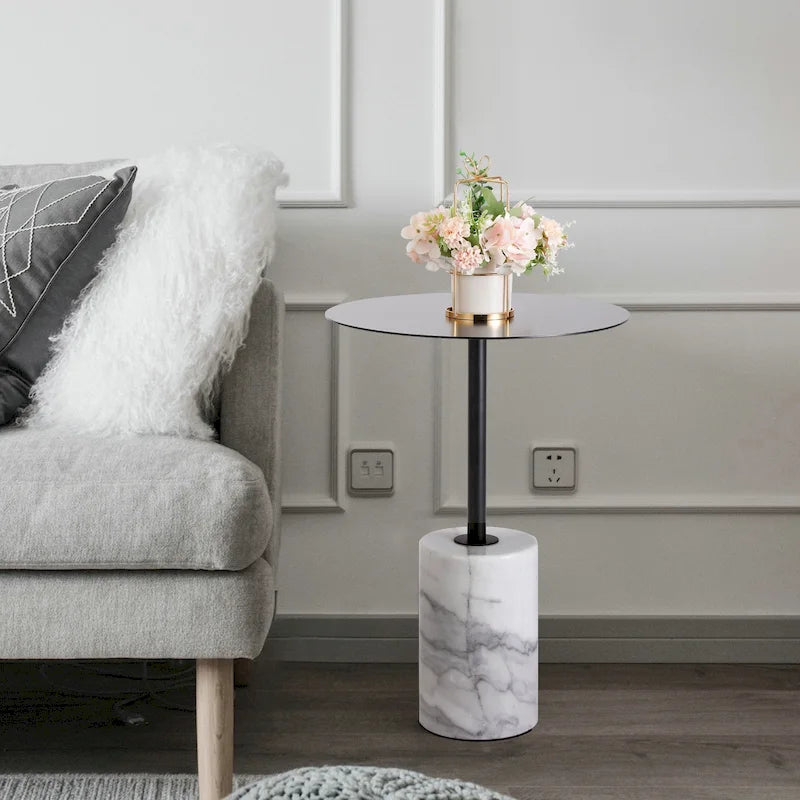 Round End Table with Marble Base, Circular Accent Living Room or Bedside Side Table