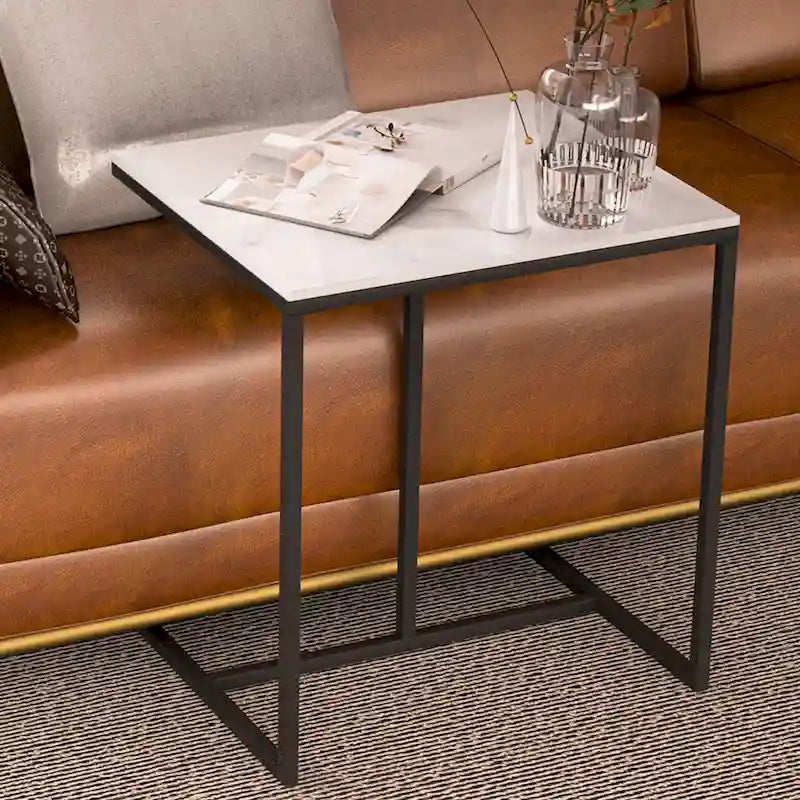 Modern White Sintered Stone Side Table with Black Metal Frame