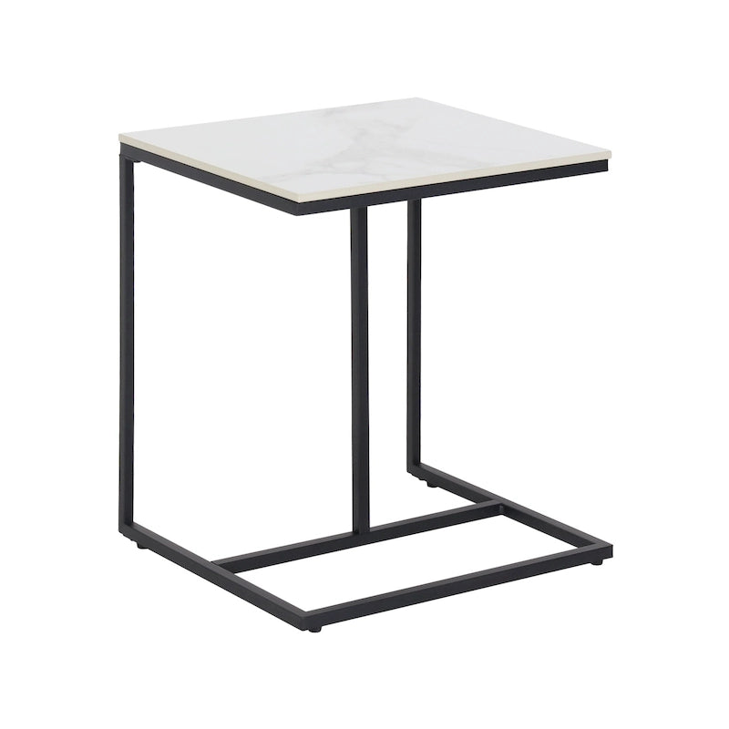 Modern White Sintered Stone Side Table with Black Metal Frame