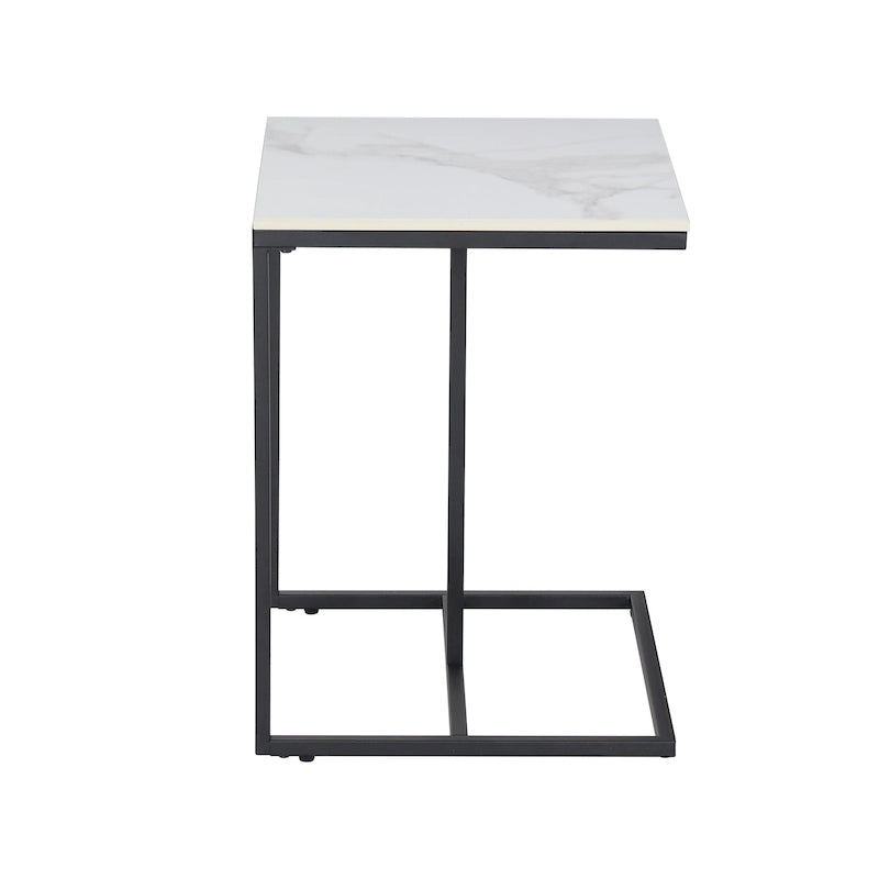Modern White Sintered Stone Side Table with Black Metal Frame