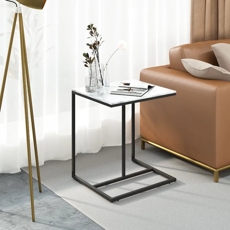 Modern White Sintered Stone Side Table with Black Metal Frame