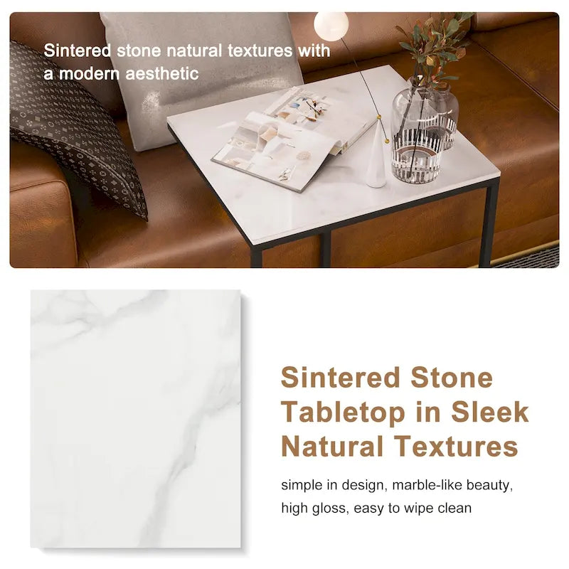 Modern White Sintered Stone Side Table with Black Metal Frame