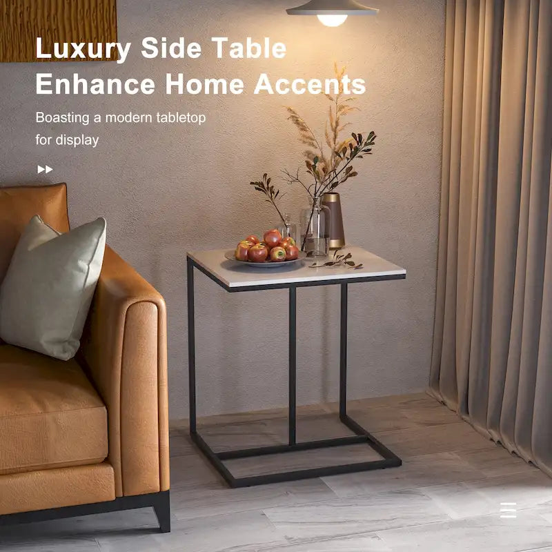 Modern White Sintered Stone Side Table with Black Metal Frame