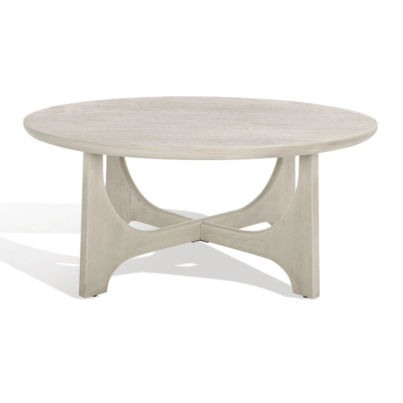 Runder Holzcouchtisch mit skulptural geschwungenem Trestelgestell im Mid-Century-Stil