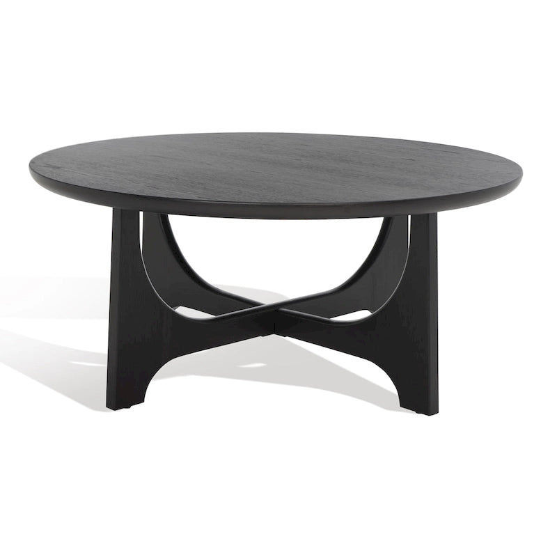 Round Wood Coffee Table with Sculptural Mid-Century Curved Trestle Base