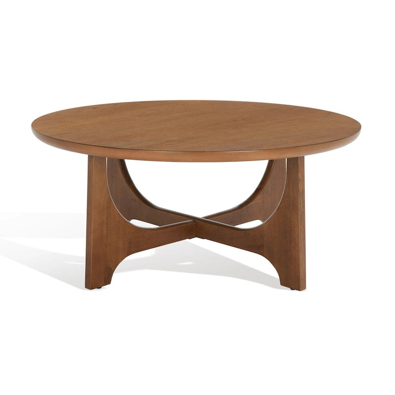 Round Wood Coffee Table with Sculptural Mid-Century Curved Trestle Base