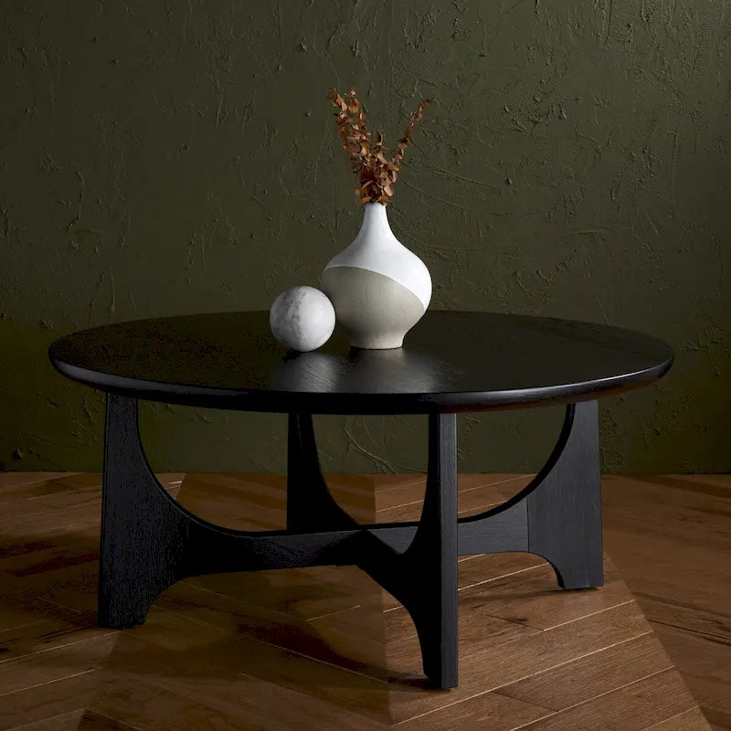 Round Wood Coffee Table with Sculptural Mid-Century Curved Trestle Base