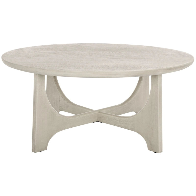 Round Wood Coffee Table with Sculptural Mid-Century Curved Trestle Base