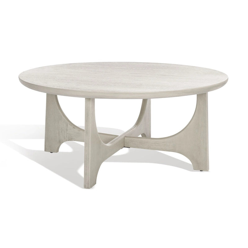 Runder Holzcouchtisch mit skulptural geschwungenem Trestelgestell im Mid-Century-Stil