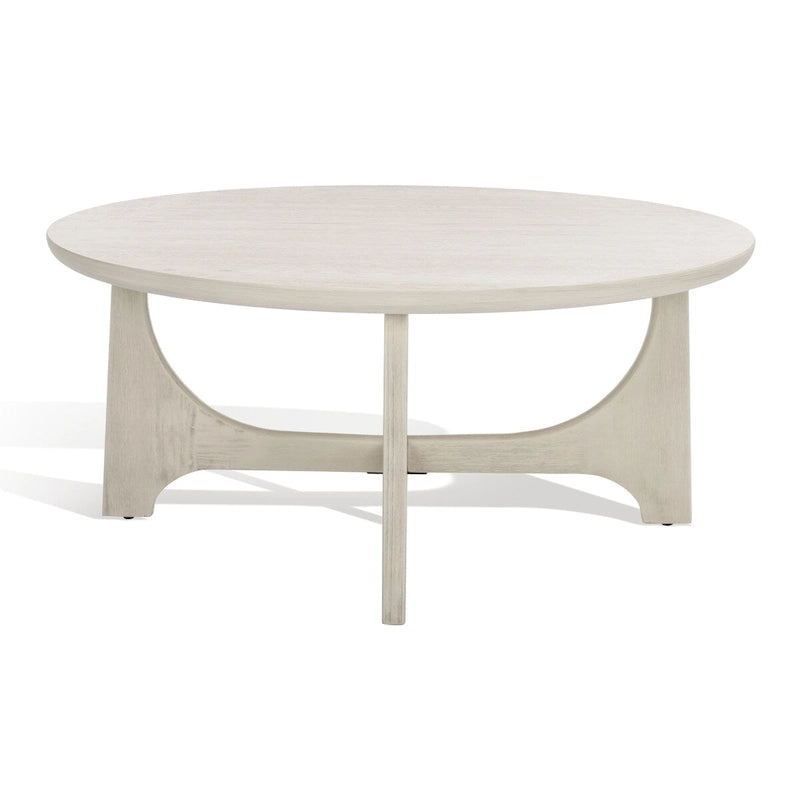 Runder Holzcouchtisch mit skulptural geschwungenem Trestelgestell im Mid-Century-Stil