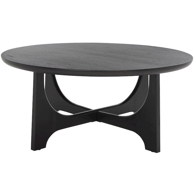 Runder Holzcouchtisch mit skulptural geschwungenem Trestelgestell im Mid-Century-Stil
