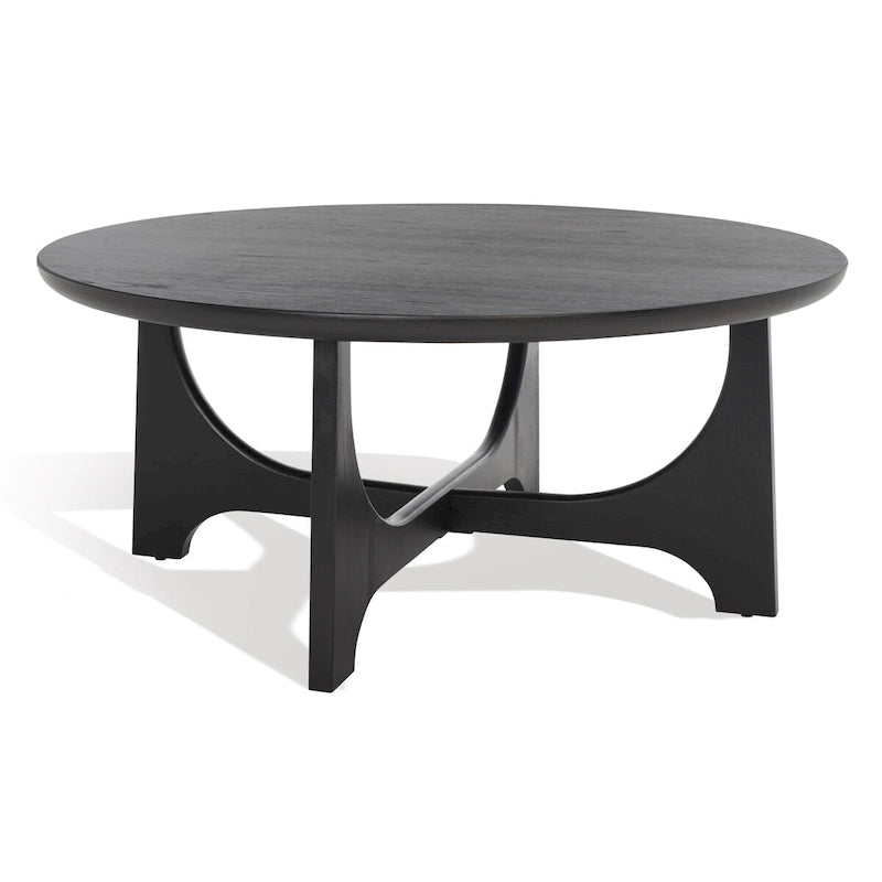 Runder Holzcouchtisch mit skulptural geschwungenem Trestelgestell im Mid-Century-Stil