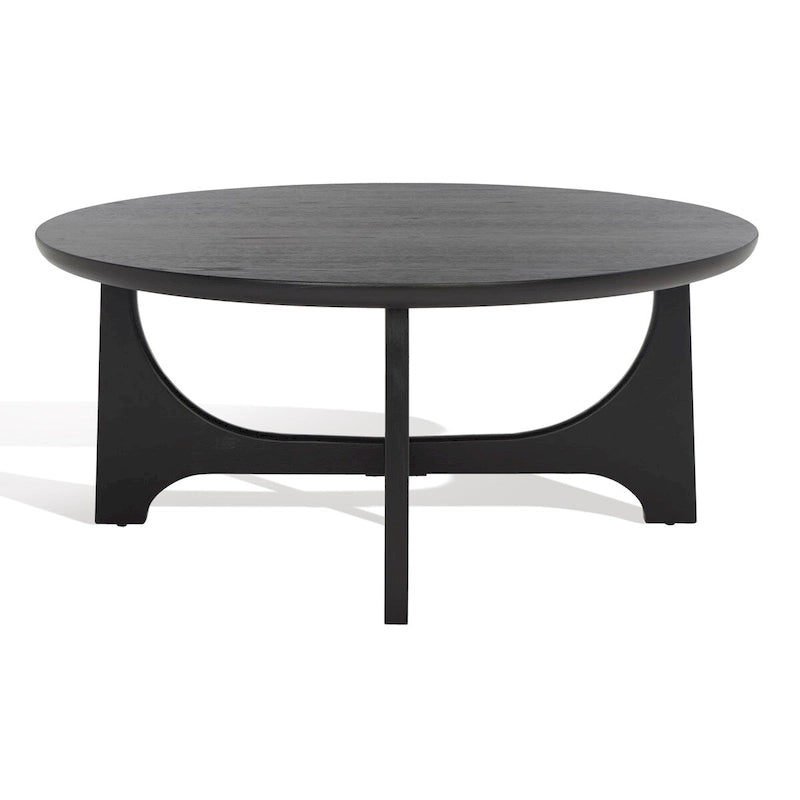 Runder Holzcouchtisch mit skulptural geschwungenem Trestelgestell im Mid-Century-Stil