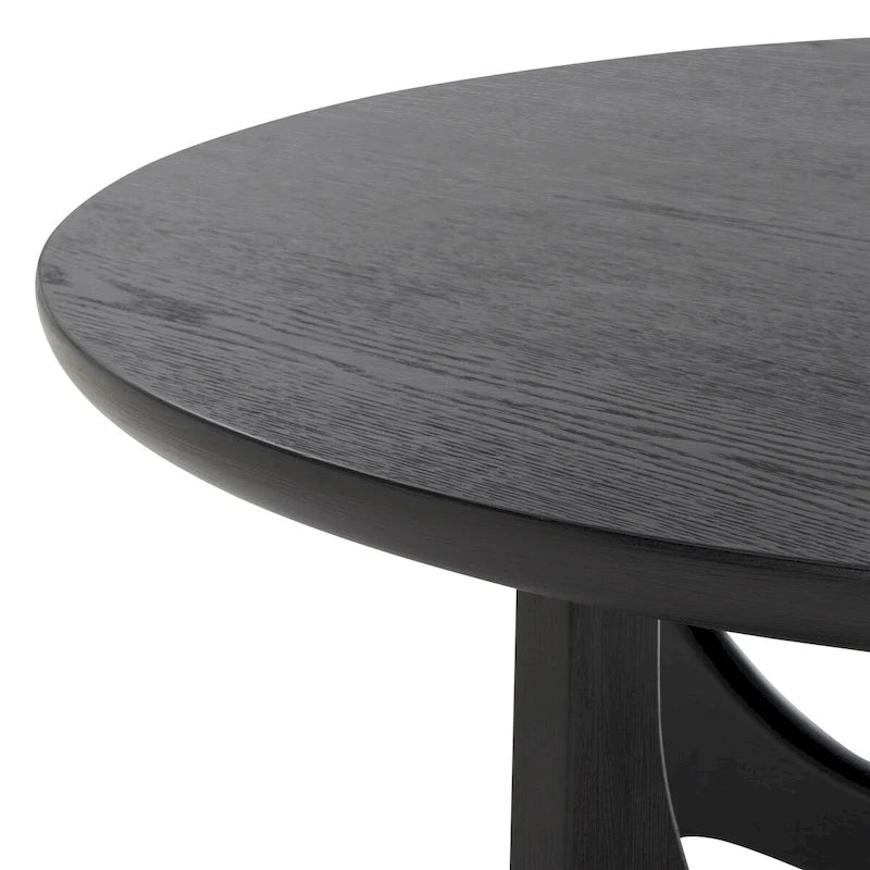 Runder Holzcouchtisch mit skulptural geschwungenem Trestelgestell im Mid-Century-Stil