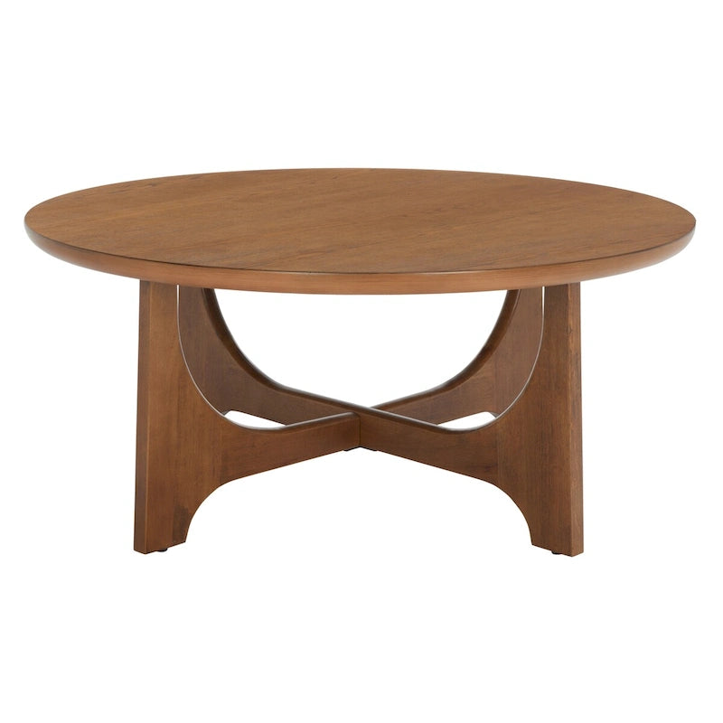 Runder Holzcouchtisch mit skulptural geschwungenem Trestelgestell im Mid-Century-Stil