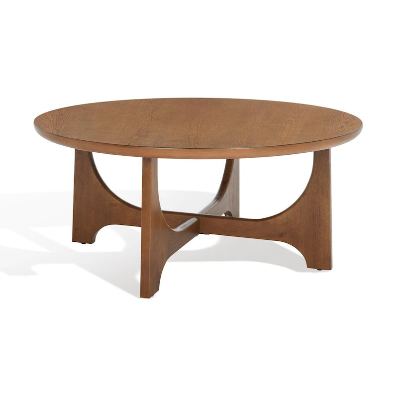 Runder Holzcouchtisch mit skulptural geschwungenem Trestelgestell im Mid-Century-Stil