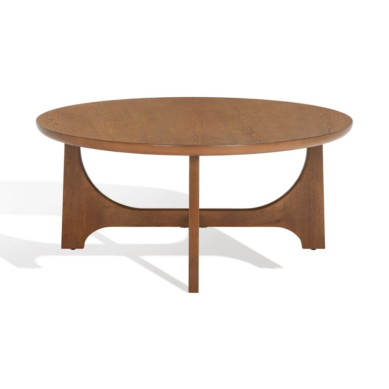 Runder Holzcouchtisch mit skulptural geschwungenem Trestelgestell im Mid-Century-Stil
