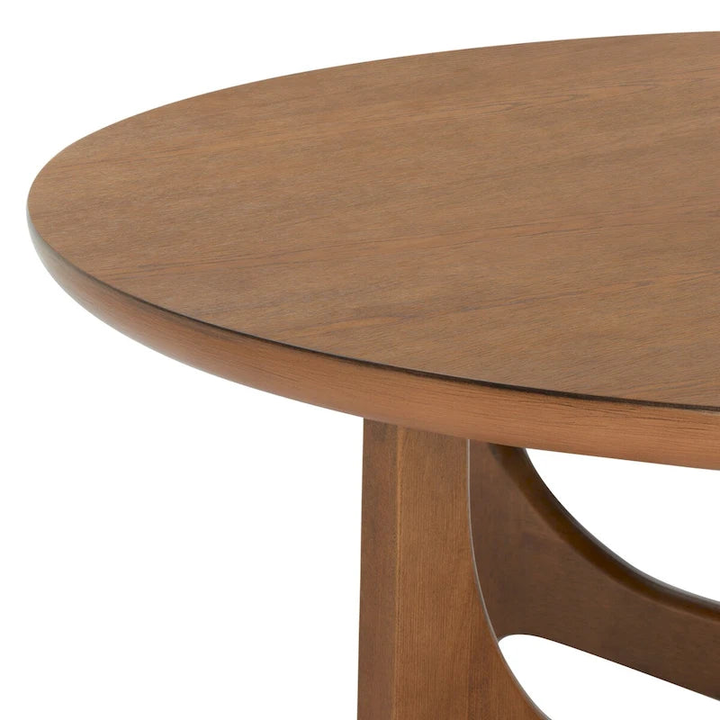 Runder Holzcouchtisch mit skulptural geschwungenem Trestelgestell im Mid-Century-Stil