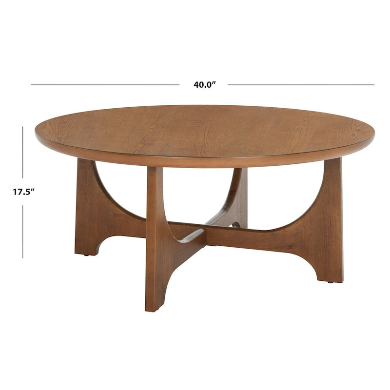 Runder Holzcouchtisch mit skulptural geschwungenem Trestelgestell im Mid-Century-Stil